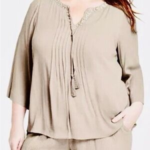 JM Collection Woman Beaded Top 2X Beige Tunic 3/4 Long Sleeves NWT